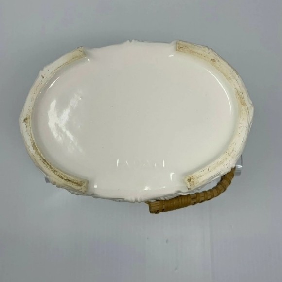 Planter Ceramic Basket Bamboo Design Wicker Handle Vintage Japan White Catchall - Picture 7 of 9